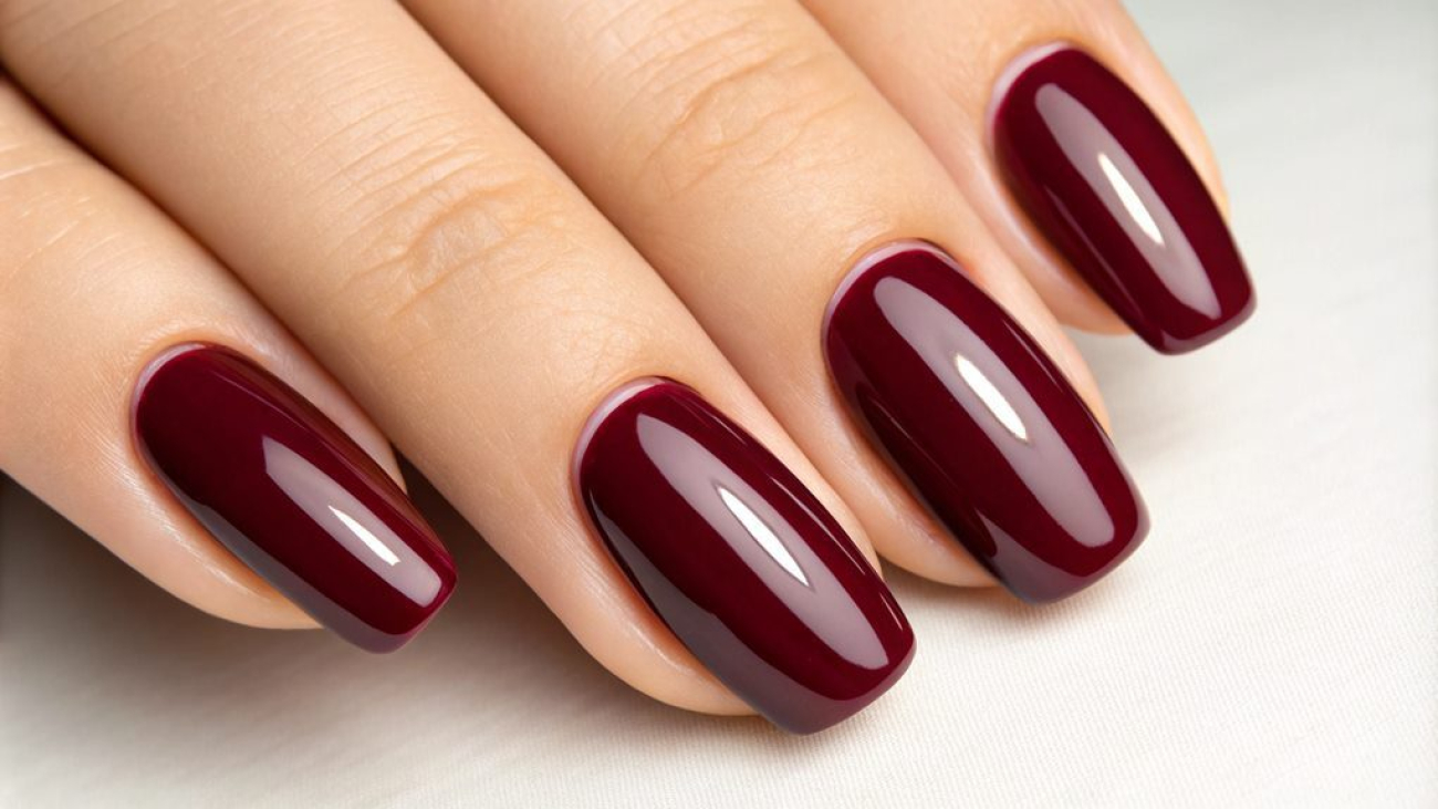 Close-up of burgundy manicured nails.