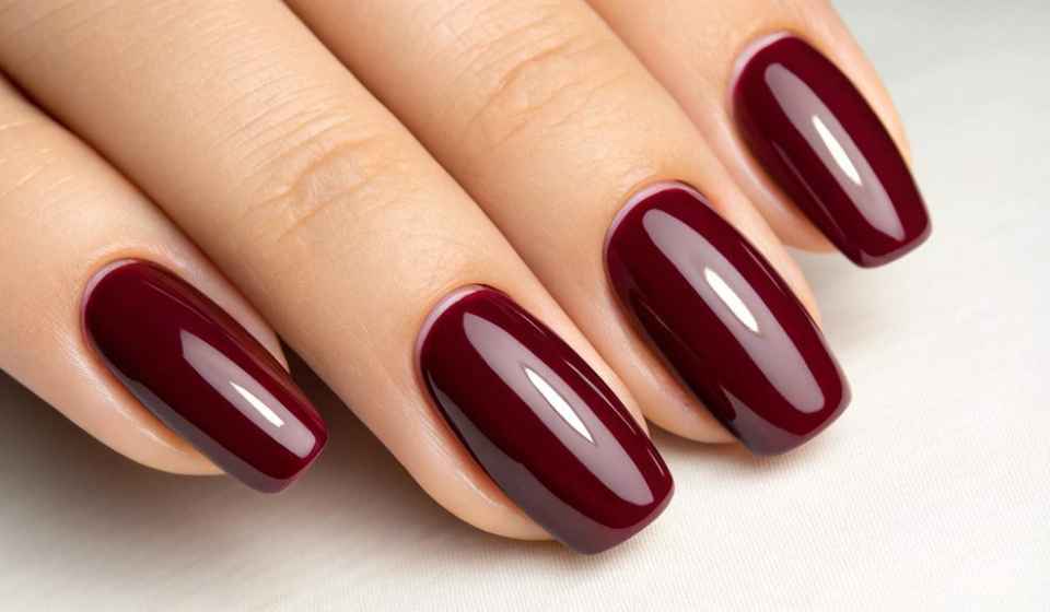 Close-up of burgundy manicured nails.