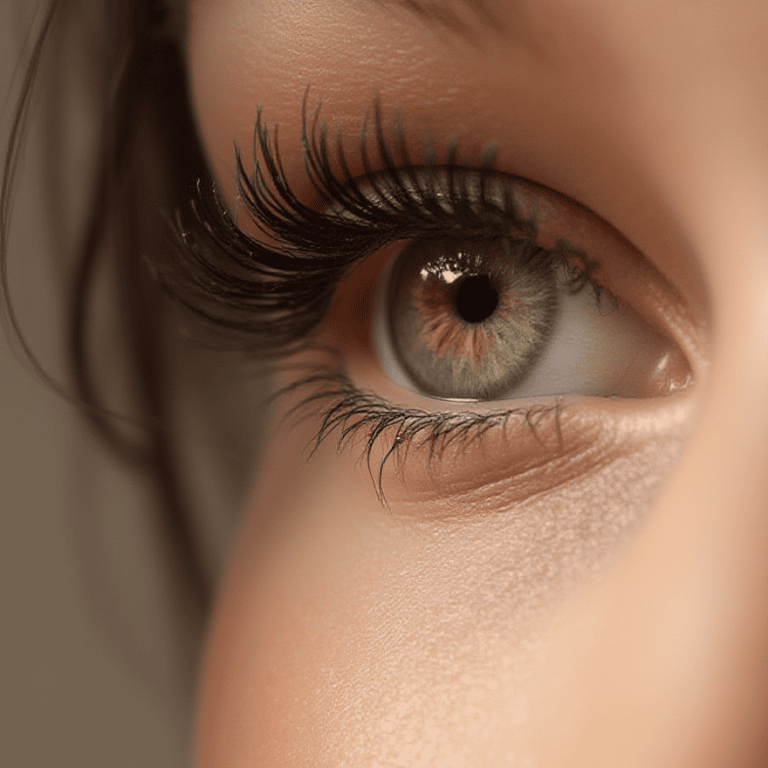 Close-up of an eye with long eyelashes.