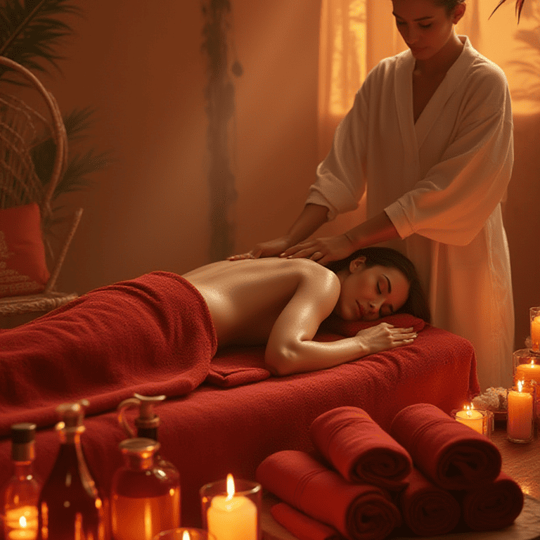 Relaxing massage therapy with candles, soothing ambiance.